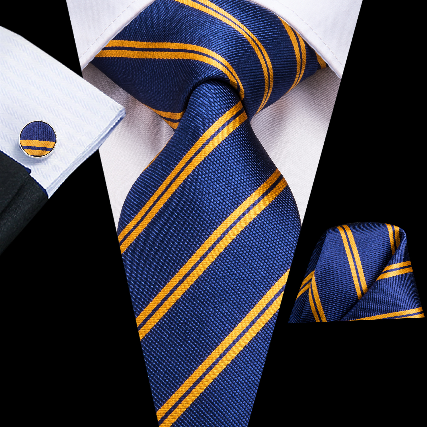 

Fast Shipping Ties Mens 100% Silk Fashion Navy Blue Gold Striped Tie Hanky Cufflinks Sets for Mens Formal Wedding Party Groom N-3136, Black;blue