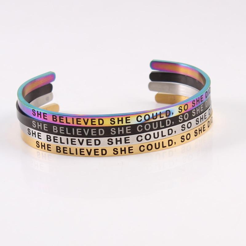 

She Believed She Could, So Did - Inspirational Engraved Adjustable Mantra Cuff - Silver, Gold, Rainbow Gifts for Women