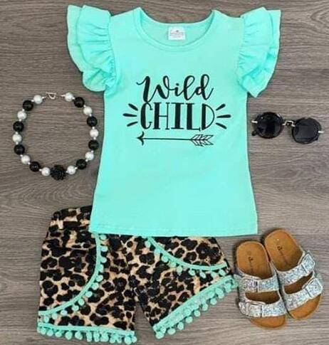 

Baby summer girls clothes toddler green &pink wild child fashion leopard shorts 2 piece baby outfits