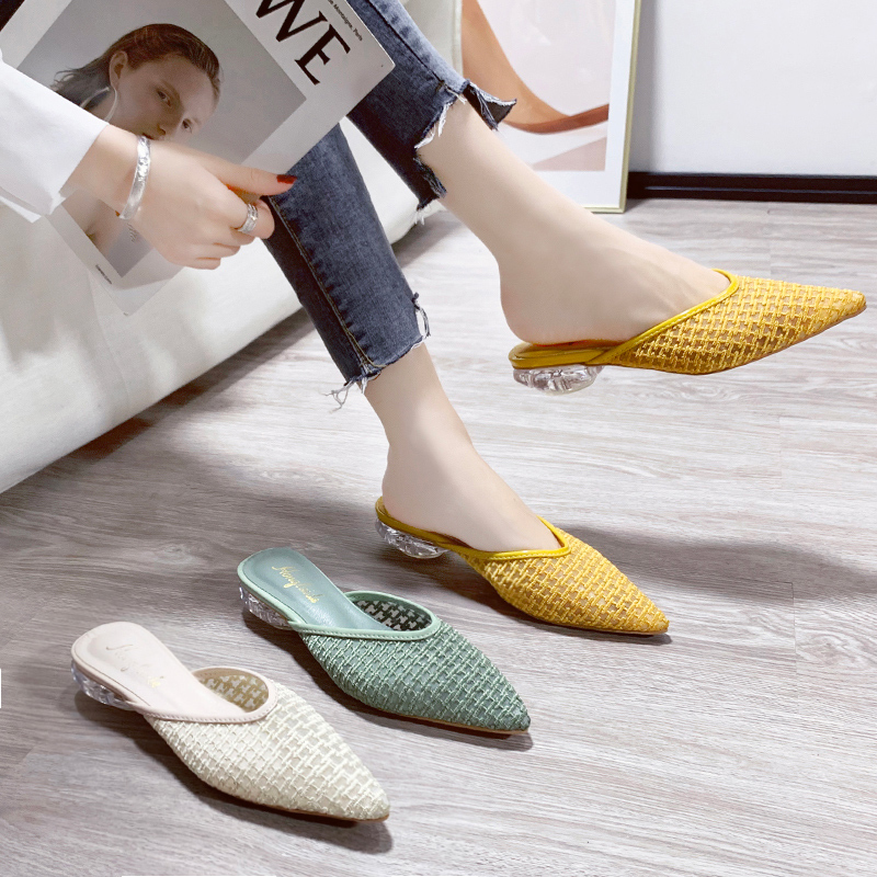 

2020 New Women Low Heel Slippers Fashion Mules Shoes Pointed Toe Slides candy color Sandal Ladies Slides Flip Flop Zapatos Mujer, Beige