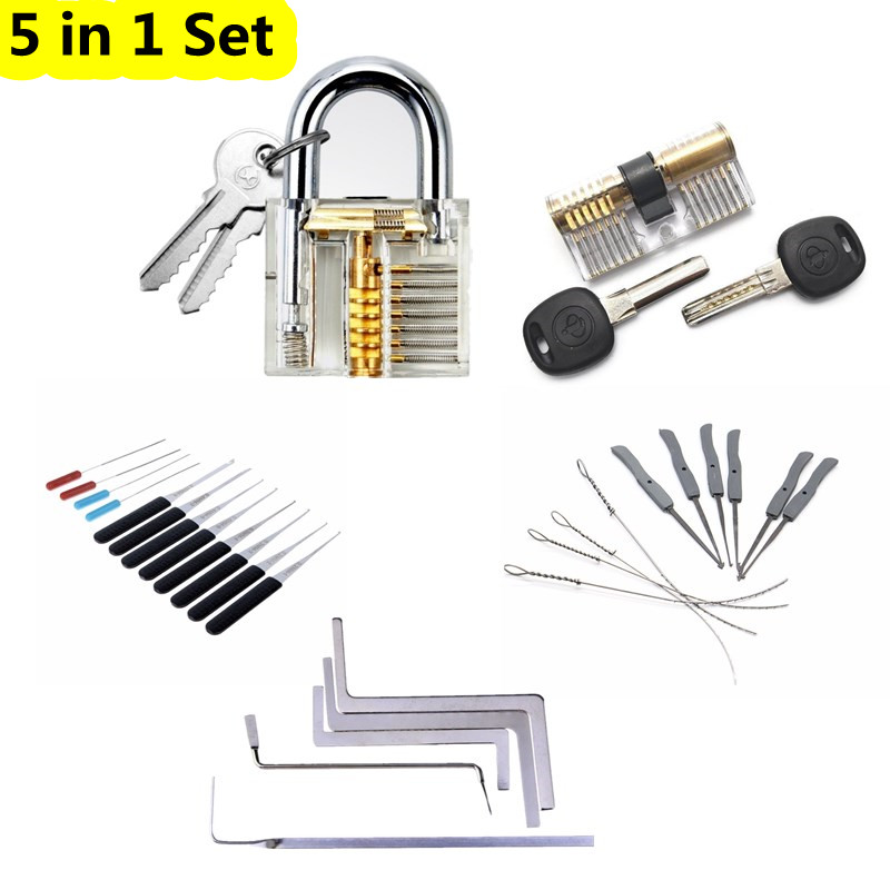 

5 in 1 Locksmith Tension Wrench Tool Broken Key Extractor Tools with Transparent Practice Lock Pick Set Locksmith Supplies