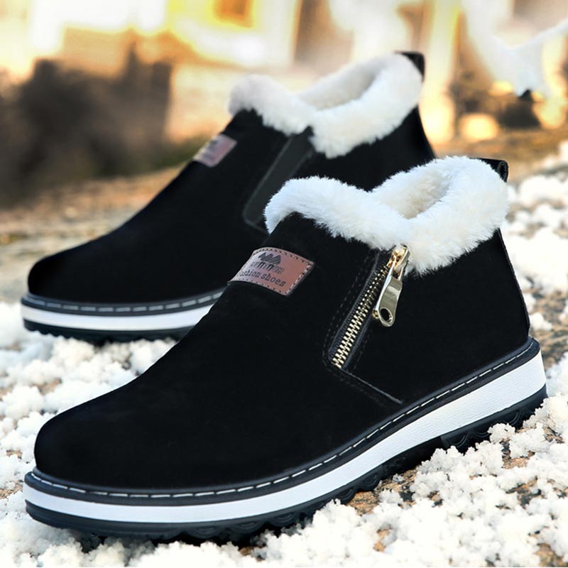 

Warm Winter Boots Round Toe Plush Ankle Boot Men Shoes New Solid Zipper Fashion Metal Cotton Flat with Snow Shoes Men Boots, Black