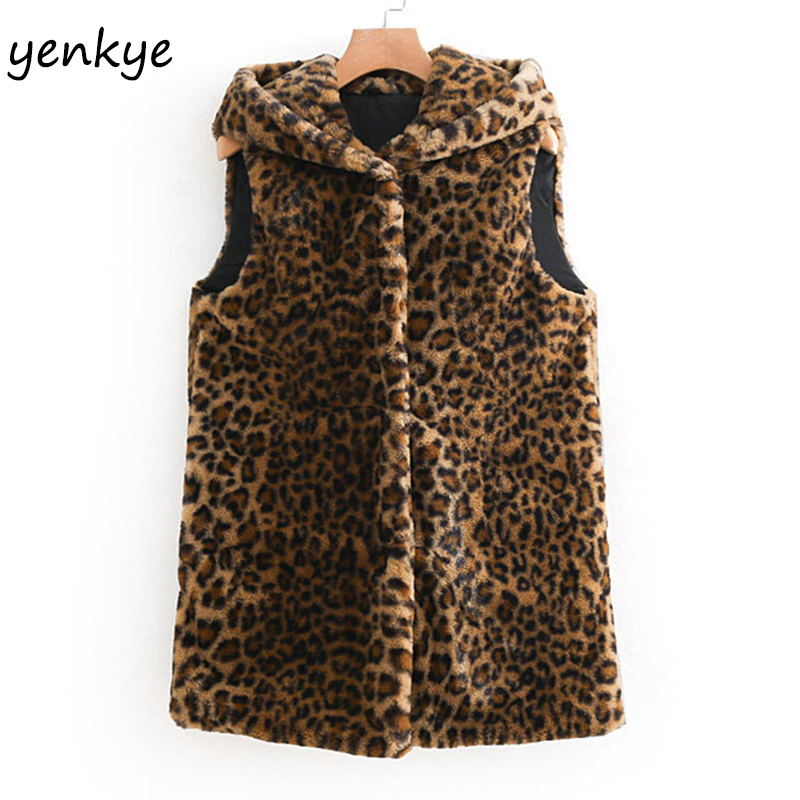 

Fashion Women Vintage Leopard Faux Fur Vest Autumn Winter Hooded colete Coat XNGC9568, As pic