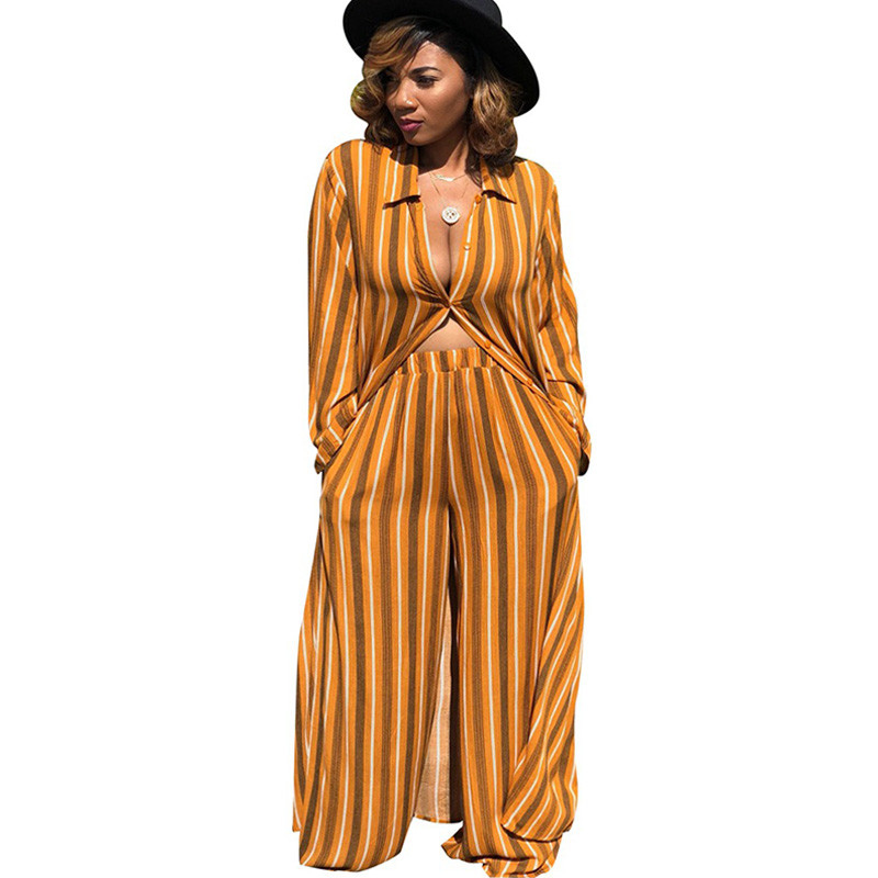 

Women' Striped Chiffon Two Piece Sets Leisure Trouser Suits Loose X-Long Shirt Top and Wide Leg Pants Set Autumn Matching Sets, Brown