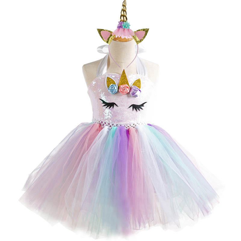 

2019 New Unicorn Girls Dresses kids boutique Princess Dresses sequin Birthday Party Tutu Dresses+Unicorn headband 2pcs kids clothes A3768, As picture show