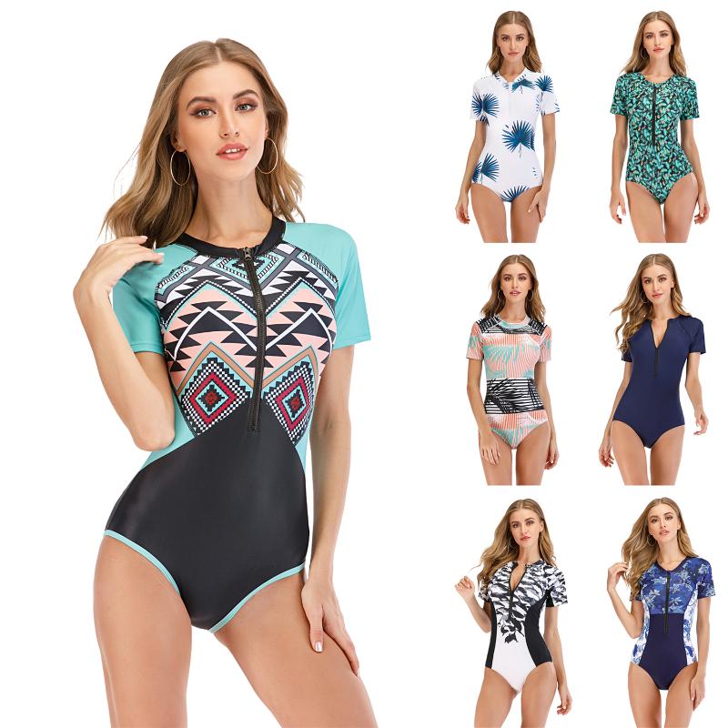 

2020 New One-Piece Swimsuit Print Short Sleeve Women Swimwear Diving Rashguard Bathing Suit Rash Guard Surfing Swimming Suit
