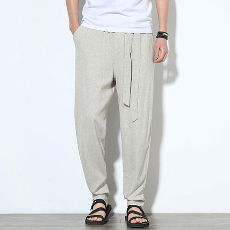 

Simple Linen Fashion Men Cotton Linen Trousers Summer Autumn Solid Colors Casual Pants Haren Pants Chinese Style Plus Size, Beige