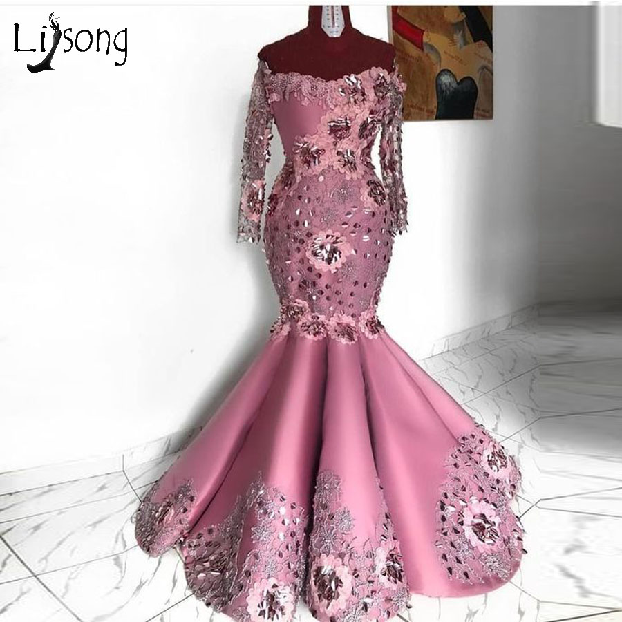 

Dusty Pink Beaded Mermaid Prom Dresses Lace Appliqued Off Shoulder Evening Gown Plus Size Formal Party Pageant Wear, Black