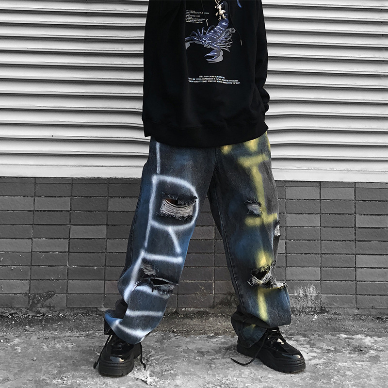 

Male Streetwear Hip Hop Loose Denim Pant Men Paint Graffiti Holes Straight Jeans Trousers, Black