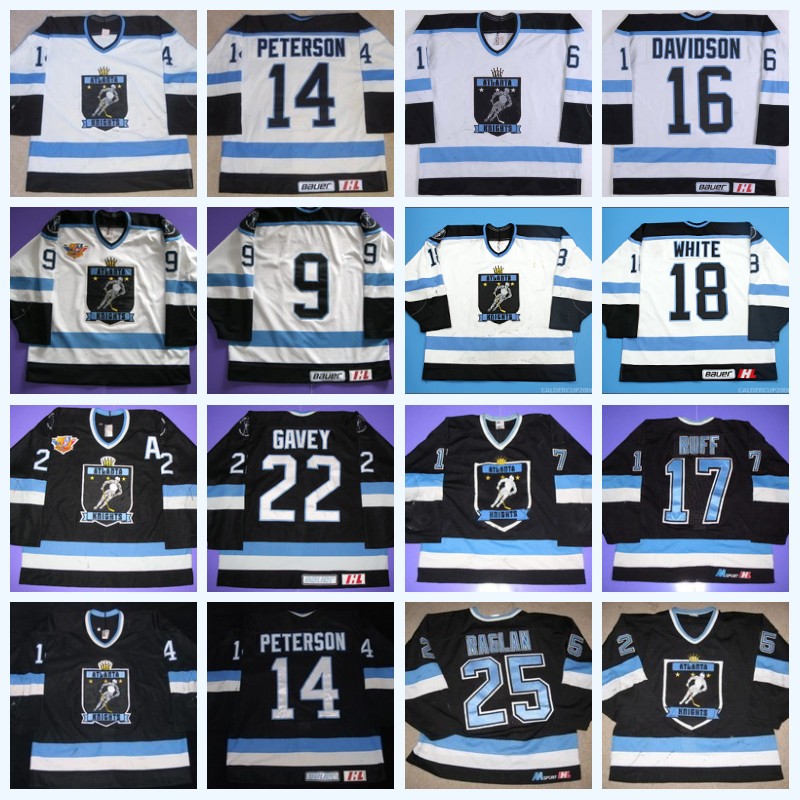 

Atlanta Knights 50th Anniversary 16 Lee Davidson 9 Brent Gretzky 18 Peter White 22 Aaron Gavey 14 Brent Peterson 77 Reggie Savage Jersey, Custom white