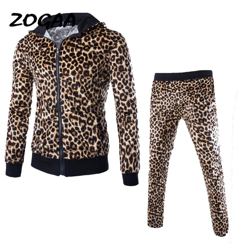 2PC Damen Reißverschluss Leopardenmuster Trainingsanzug Kapuze Top Freizeithose