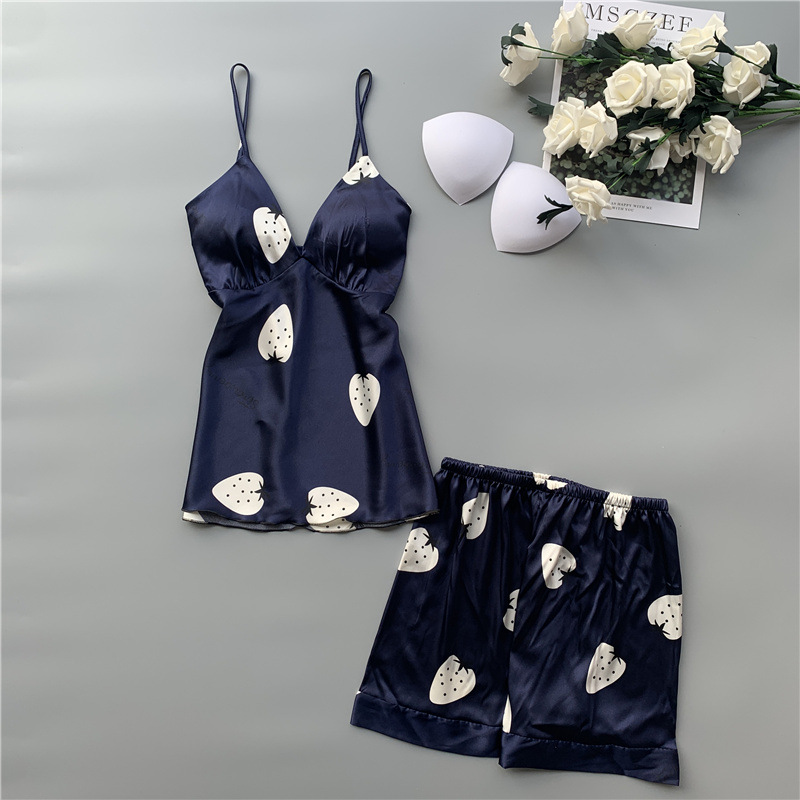 

Pajamas Suit Sexy Lady Strap Top&Shorts Satin Nightwear Intimate Lingerie Print Sleepwear Pyjamas Cute Home Clothes Bathrobe
