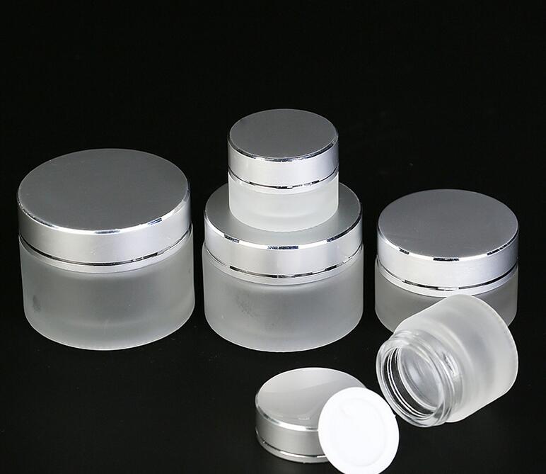 

5g 10g 15g 20g 30g 50g Frosted Glass Cosmetic Jar Empty Face Cream Lip Balm Storage Container Refillable Sample Bottle with Silver Lids DHL