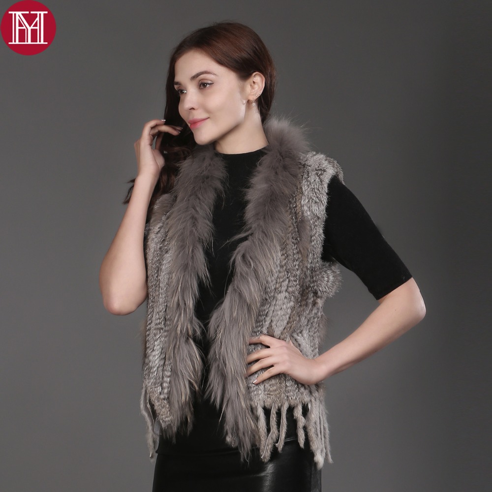 

Women Genuine Knitted Fur Vests With Raccoon Fur Collar Fashion Knitted 100% Real Coat Wholesale and Tetail, Dark blue