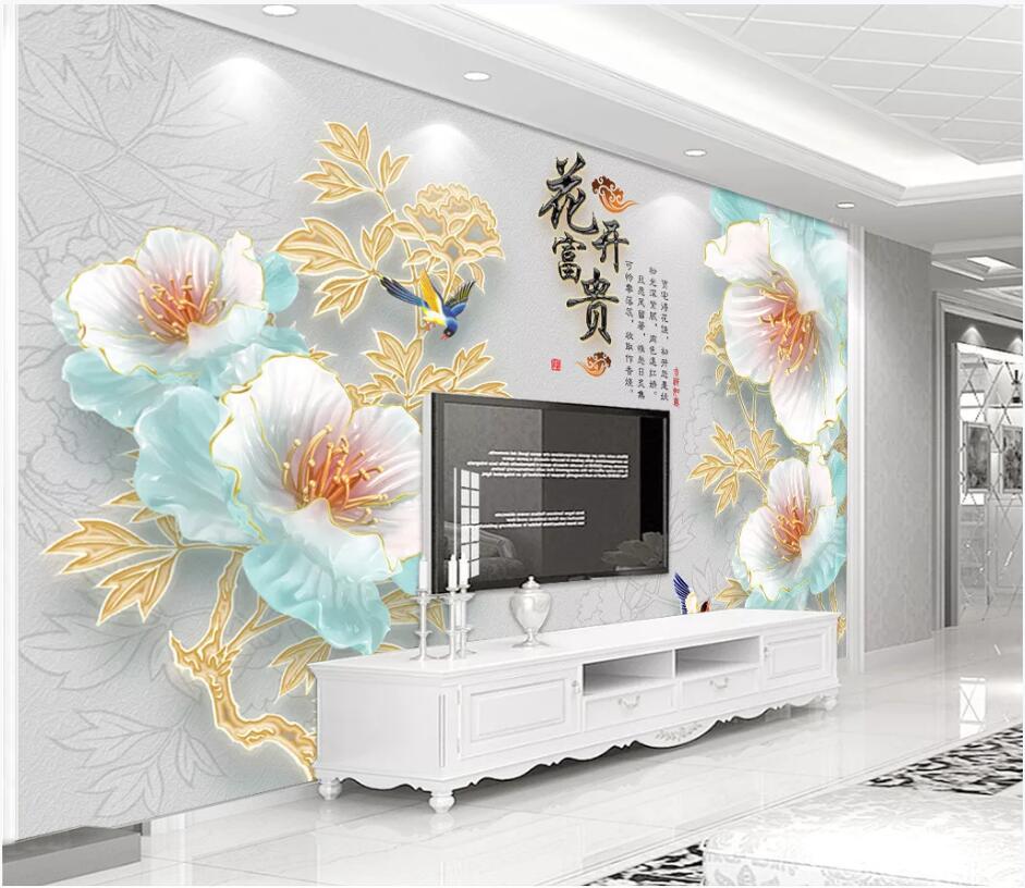 

WDBH 3d wallpaper custom photo mural New Chinese embossed peony flower living room Home decor 3d wall murals wallpaper for walls 3 d, Non-woven