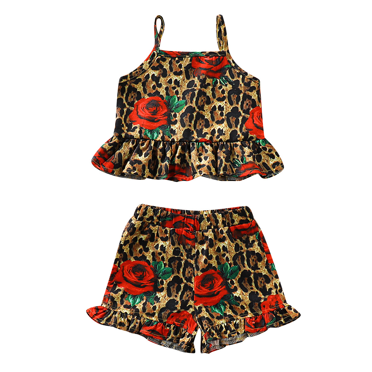 

New girs clothing Leopard Print Two Pieces Set Summer Kids Suspender T shirt+ short Soft Comfortable kids clothing sets, As picture
