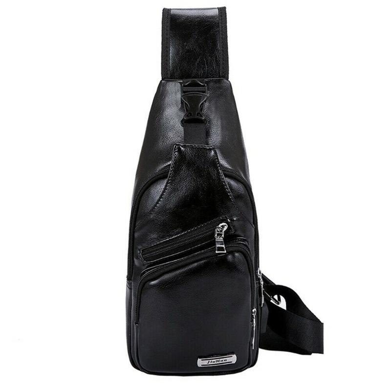 

Fashion PU leather candy men's chest bag sling shoulder bag casual Messenger + USB interface, Black