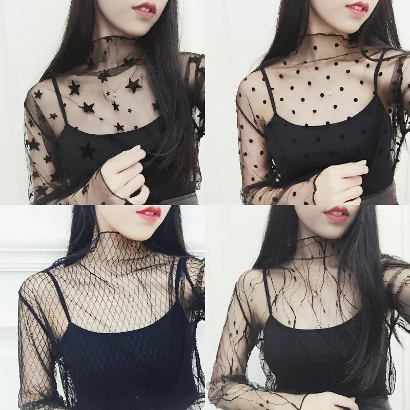 Femmes Sexy Harajuku maille hauts Net voir à travers t-shirt Transparent maillot de corps étoile Base haut Camisas Femininas Clubwear