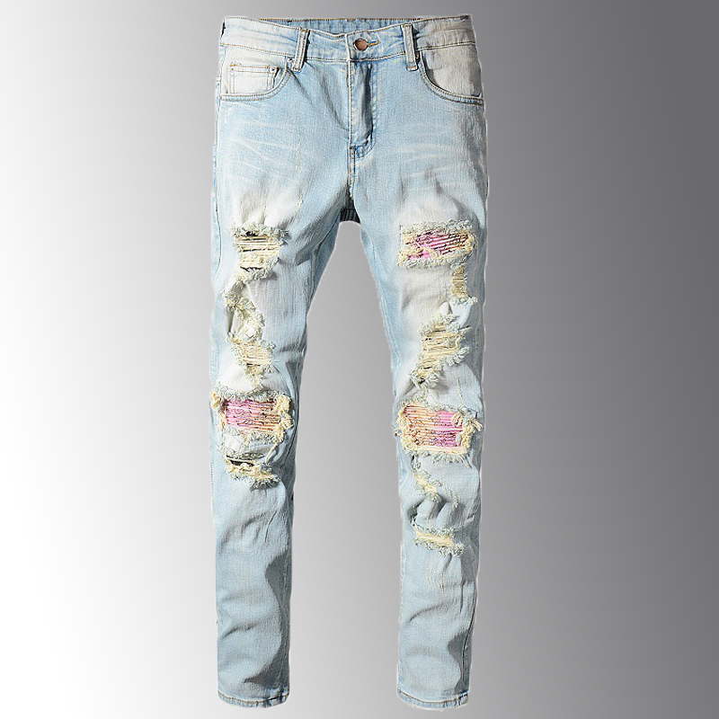 

Men's Patchwork Bandanna Paisley Printed Biker Jeans Light Blue Holes Ripped Skinny Stretch Denim Pants Trousers