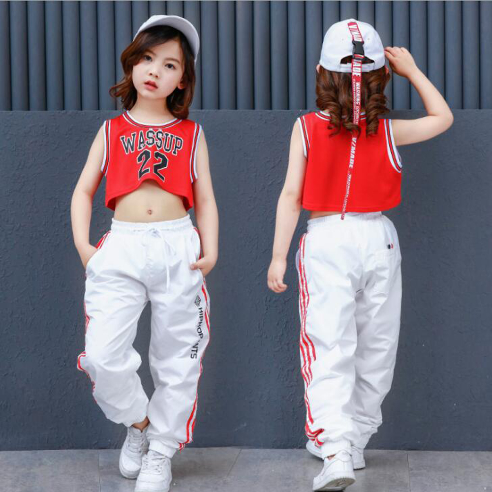 

Kids Loose Ballroom Jazz Stage Hip Hop Dance Competition Costume for Girl Performance T Shirt Pants Dancing Clothes Outfits, Red