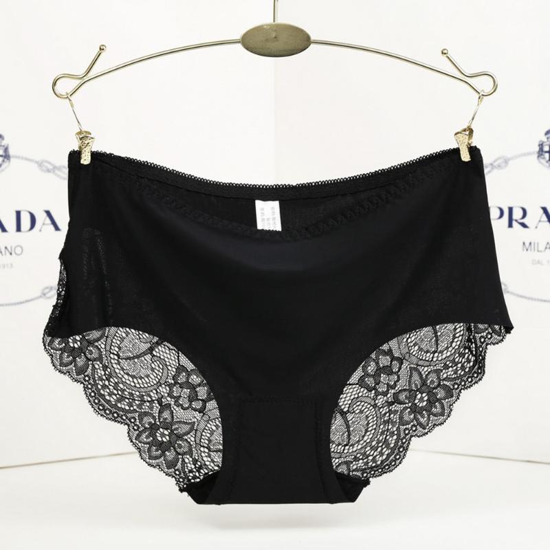 

Women Lace Panties Seamless Ice Silk Hollow Briefs Underwear For Ladies Female Solid Black G-String Panties Langerie Mujer 2020, White