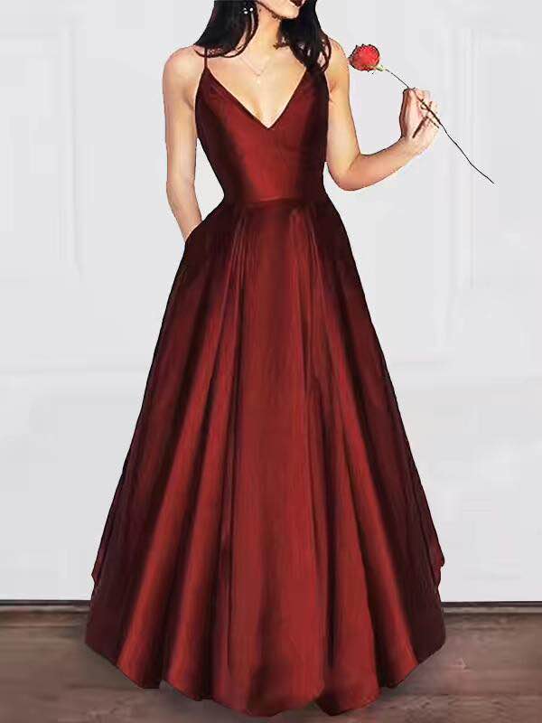 

Cheapest 2019 Burgundy Evening Dresses A Line Women Elegant Prom Dresses Spaghettis Satin Party Gowns With Pockets B106, Red