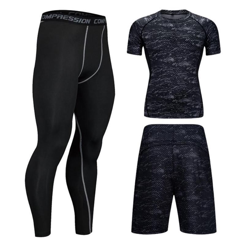 

3pcs Set Sportswear Short Sleeve Quick-Drying Compression Black Tight-fit Fitness Set Basketball Running Athletic Wear For Men