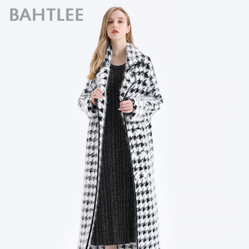 

BAHTLEE Women Angora Long Coat Houndstooth Pattern Sweater Winter Wool Knitted Cardigans Jumper Turn Down Collar Long Sleeves CJ191217, Black and white