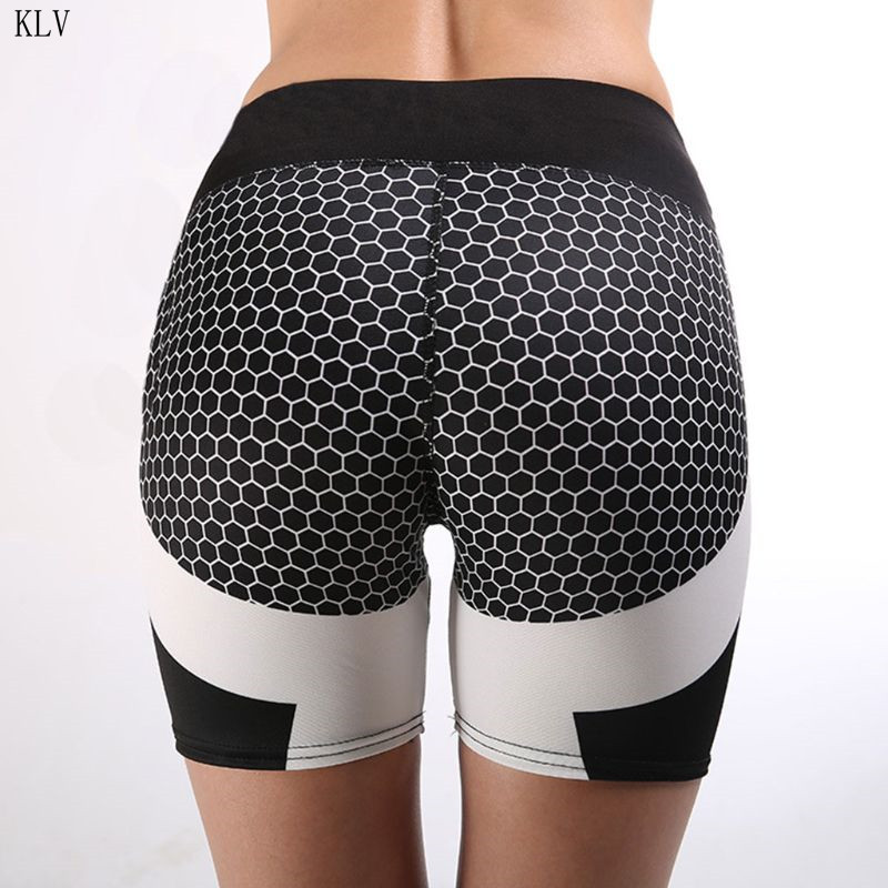 

2020 Women Casual High Waist Tummy Control Shorts Honeycomb Print Contrast Color Sports Run Fitness Workout, Yellow
