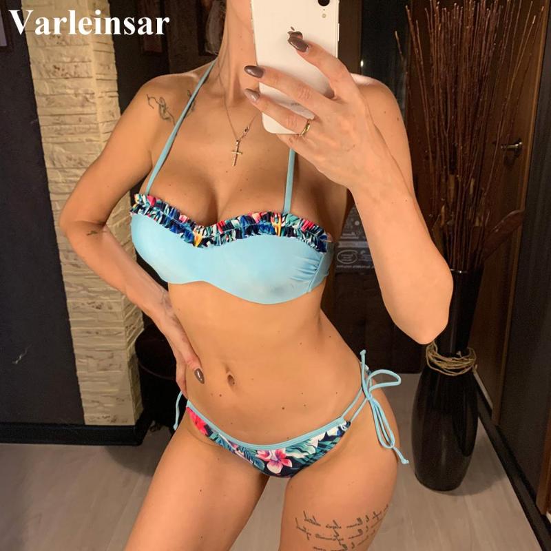 

Sexy Floral Halter Push Up Bikini Women Swimwear Female Swimsuit Two-pieces Bikini set Ruffled Frilled Bather Bathing Suit V2167, Blue