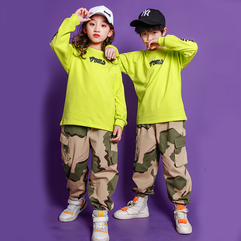 

Children Hip Hop Festival outfits Sweatshirt Casual Pants Clothing For Girl Boys Jazz Dance Costume Wear Kids carnival clothes, Green