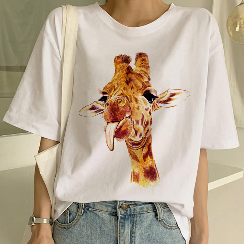 

Giraffe Print T Shirt 2020 Summer New Women Cartoon Casual T-shirt Lady Short Sleeve Top Tshirt Female Print Clothe, White