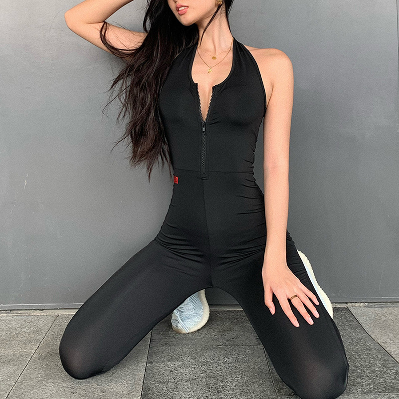 

Sexy Women Halter Zipper V neck Jogging Backless Sportswear Backless Sleeveless Bodycon Jumpsuits Long Playsuits Outfits Rompers, Black
