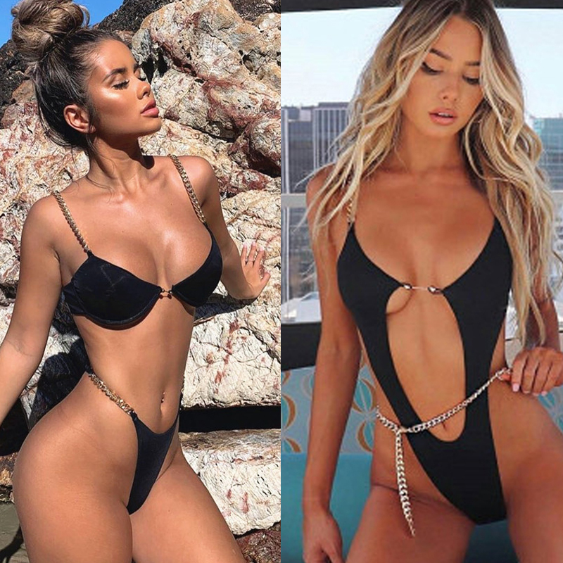 

Sexy Chain Bikini Women Push Up Brazilian Swimsuit Solid Lady Swimwear Bathing Suit Deep V Bodysuit Female 2020 Biquini Thong
