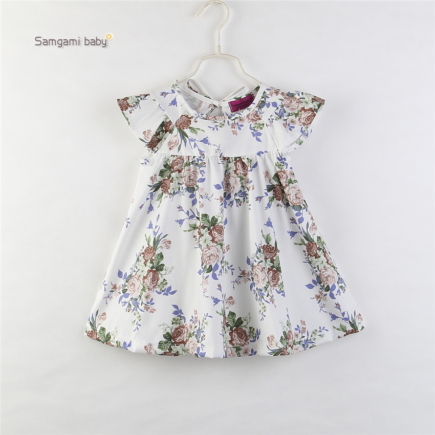 

Summer girl kids clothing dress O-neck Sleeveless Flower Print girl elegant Summer Lolita Simple style Dress 80-120cm, As picture
