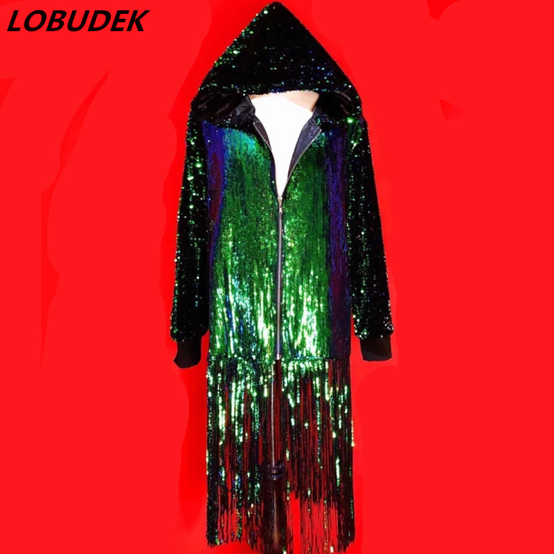 

Hip Hop Punk Tide Male Singer Hooded Jacket Sparkly Sequins Green Tassels Loose Hooded Coat Overall Bar Nightclub Dancer Jackets
