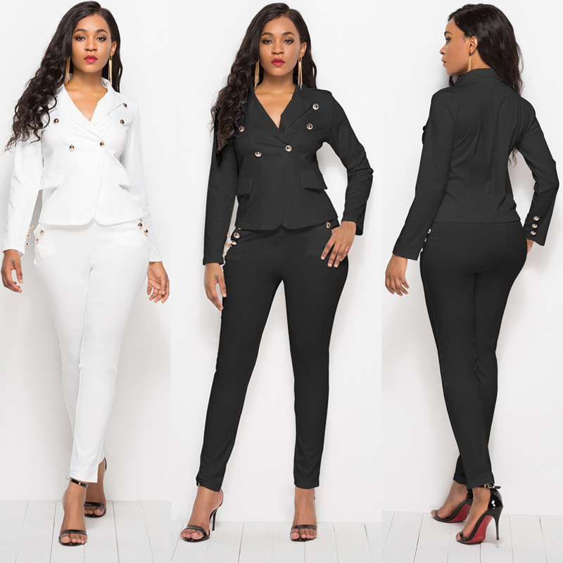 

Black White Women Button Nail Bead 2 Pcs Suit Elegant Blazer Jacket Coat Pencil Slim Long Trousers Female Outfits England Style, 5079-white