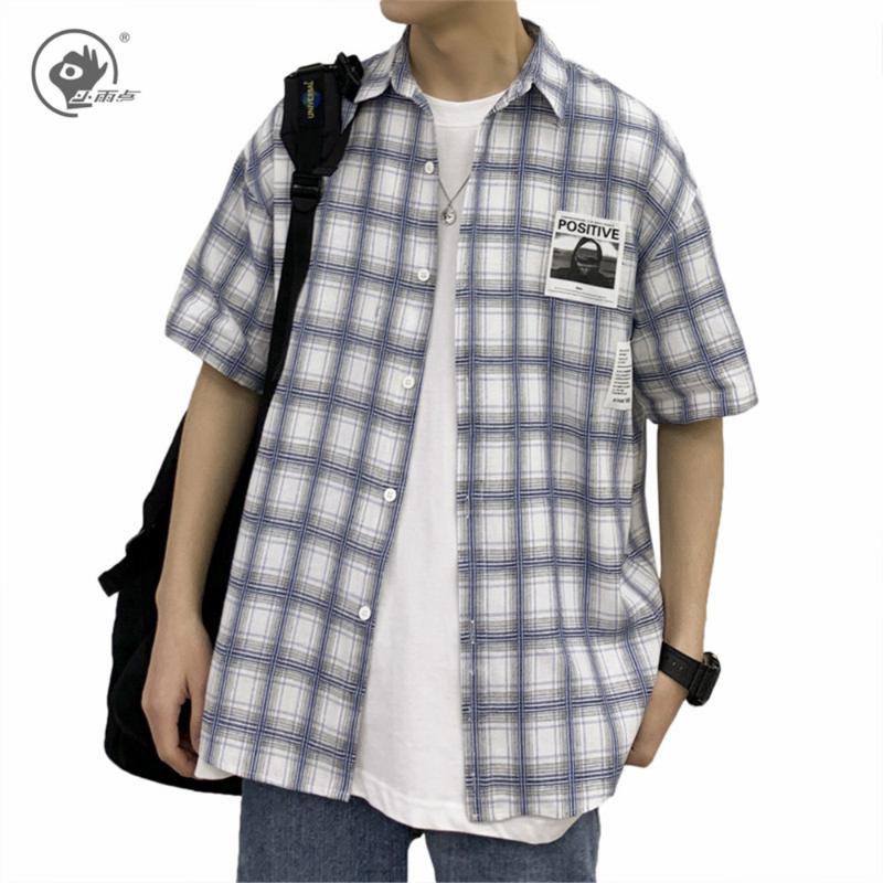 

Little Rain 2020 New Korean Fashion Plaid Shirt Men's Short Sleeve Shirt Smart Casual Turn-down Collar Broadcloth Shirts Male, White