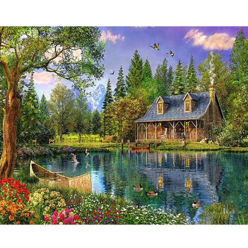 

lake ferry cabin spring Scenery DIY Digital Painting By Numbers Modern Wall Art Canvas Painting Unique Gift Home Decor 40x50cm