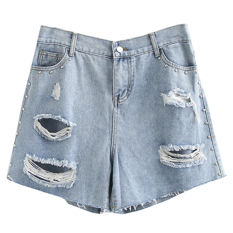 

Women Summer Jeans Lady Shorts Female Blue Denim Trousers Beading Holes Loose Fashion Plus Size Pantalones A2 2027