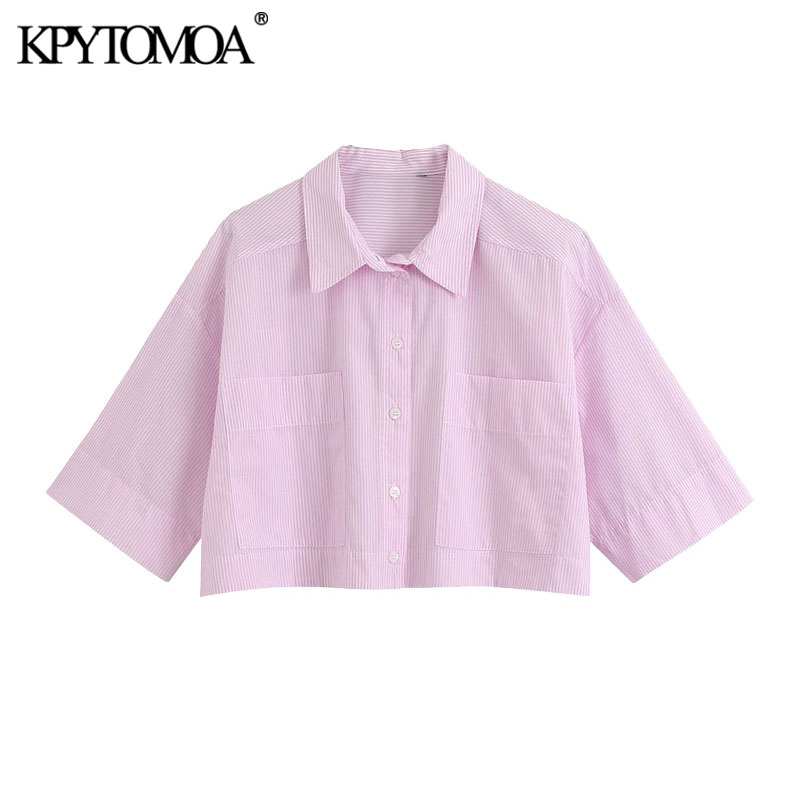 

KPYTOMOA Women 2020 Fashion Striped Loose Cropped Blouses Vintage Short Sleeve Pockets Female Shirts Blusas Chic Tops, As picture