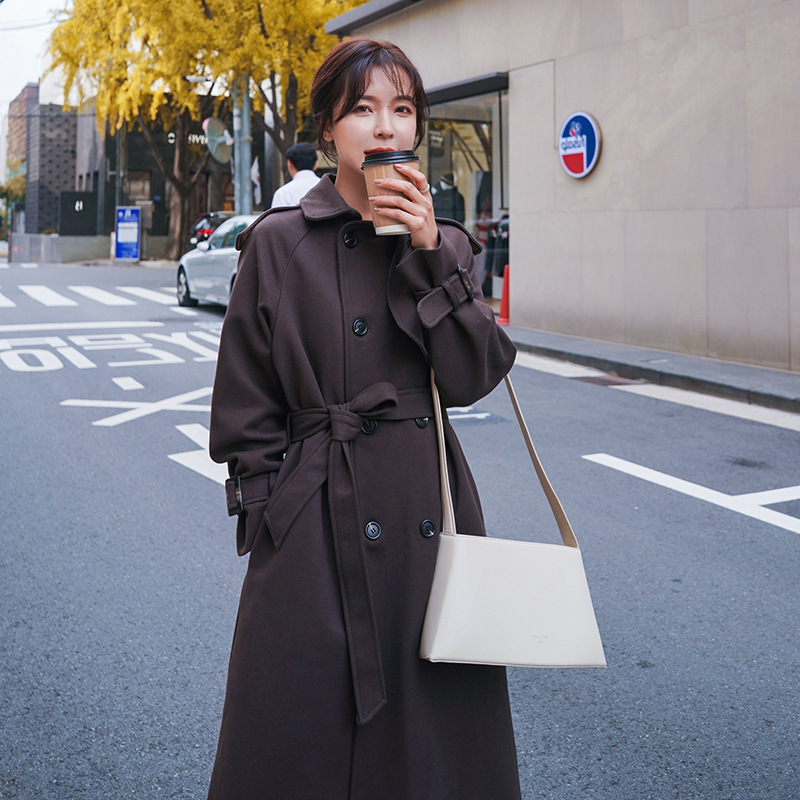 

2020New Loose Chic Korean Trench Coat For Women Casual Solid Color Turn-Down Collar Waist Belt Elegant Cost-effective Slim warm, Brown