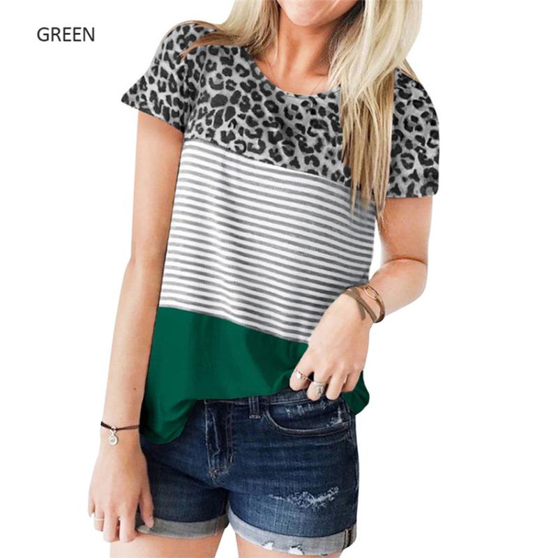 

T shirt Women Leopard Print 2020 New Stripe Splicing Women tops tee Short Sleeves Casual Ladies Colthes Summer Tees, Black