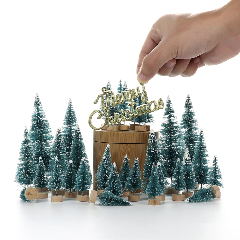 

34pcs/set Christmas Tree Artificial Sisal Pine Tree with Wood Base DIY Crafts Home Table Top Decoration Christmas Ornaments
