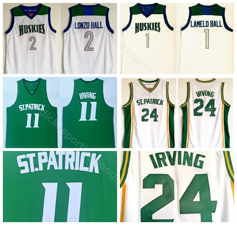

College High School Basketball ST Patrick 24 Kyrie Irving Jersey 11 Chino Hills Huskies 2 Lonzo Ball 1 Lamelo Ball White Green Uniform, 33 green