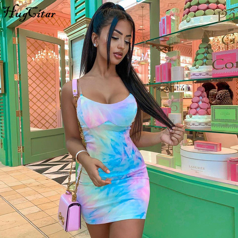 Hugcitar 2020 Sans manches Cravate Teinture Patchwork Sexy Mini Robe Été Femmes Mode Streetwear Tenues Sundress