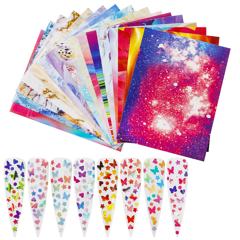 

16pcs Nail Sticker For Nail Art Colorful Flowers Dots Star Design Self Adhesive Strip Tape Stripe Sticker DIY Foil Decal, Multi