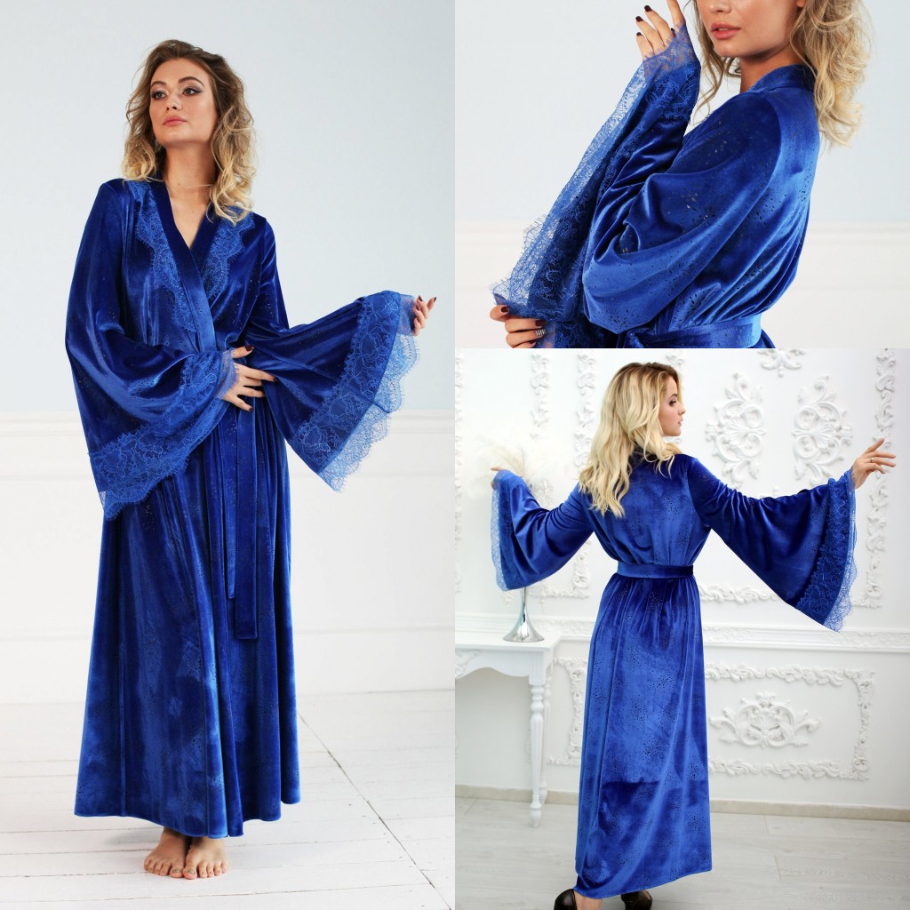 

Royal Blue Women's Robe & Gown Sets Lace Bathrobe Night Dress Sleepwear Womens Sleep Gowns Velvet Lace Robe Femme Lingerie