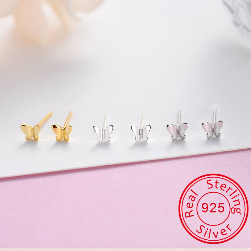 

ZEMO Women's 925 Sterling Silver Butterfly Studs Earrings Girls' 3 Color Cute Heart Earrings Conch Ear Piercing Jewelry