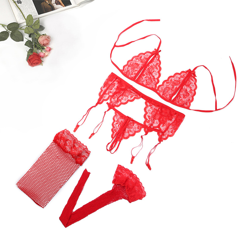 

4pcs Red Sexy Lingerie Feminina G-String And Transparent Lace Push Up Bra Set Underwear Bras For Women Temptation Lenceria Mujer